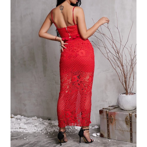 Red Lace Crop Top Midi Skirt Two Piece Dress Set - Picture 2 of 6